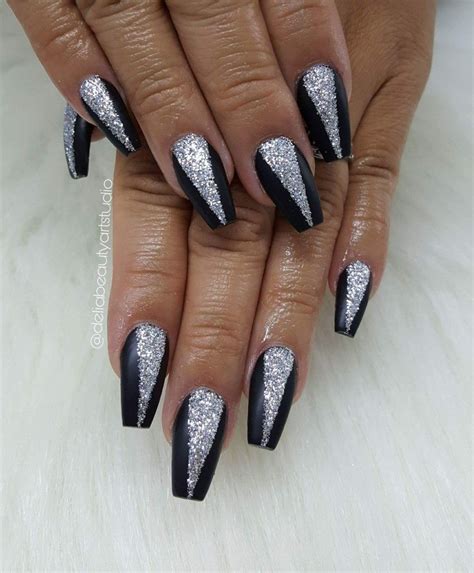 acrylic nail designs black and silver|black and silver sparkly nails.